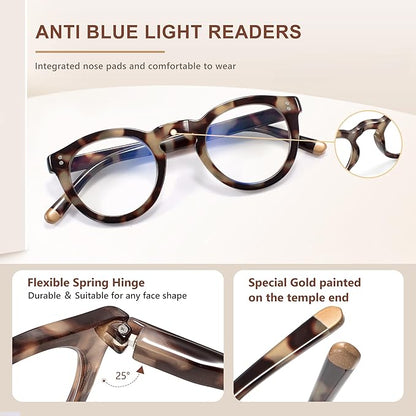 EASY READ Retro Round Blue Light Blocking Reading Glasses for Women,Anti UV Readers for Women with Spring Hinge