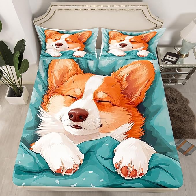 Lovely Corgi Kids Fitted Sheet Queen Size,Cartoon Dog Puppy Bedding Set,Boys Girls Room Decor,Hairy Cute Animal Bed Cover,Cyan Cartoon Bed Sheet,2 Pillowcases