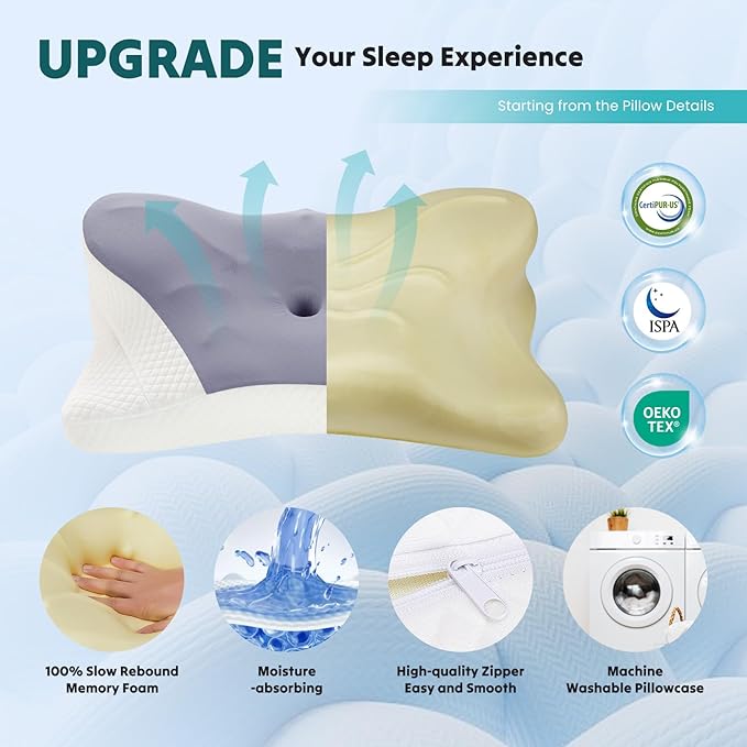 DUMOS Cervical Neck Pillow, Cooling Ergonomic Memory Foam Pillows for Neck Pain Relief with Breathable Pillowcase, Dual Height Orthopedic Support Contour Pillow for Side, Stomach Sleepers, Dark Grey