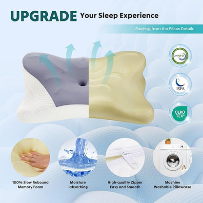 DUMOS Cervical Neck Pillow, Cooling Ergonomic Memory Foam Pillows for Neck Pain Relief with Breathable Pillowcase, Dual Height Orthopedic Support Contour Pillow for Side, Stomach Sleepers, Dark Grey