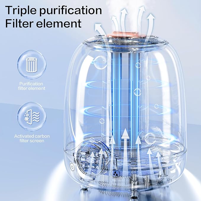 Humidifiers for Bedroom, 3L Tank for 30H 20dB Quiet Mist Time, Dual Nozzles, LED Lights, Smart Timer (2/4/8 Hours), Auto Shut-Off, Perfect for Baby and Large Rooms (White)