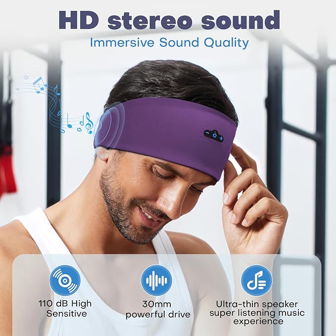 Sleep Headphones Bluetooth Headband for Side Sleeper, 17H Playtime, Wireless Headband Headphones with HD Stereo Speakers for Workout,Running,Yoga, Ideal Gifts for Men, Women, Teens, Black + Purple