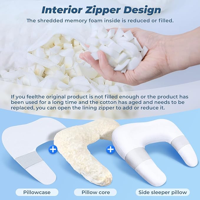 SAHEYER Side Sleeper Pillow for Shoulder Pain, U-Shaped Body Pillow for Adults, Contoured Support Shredded Memory Foam Pillow for Neck, Back, Arm Pain Relief with Removable Washable Cover (25.6 Inch