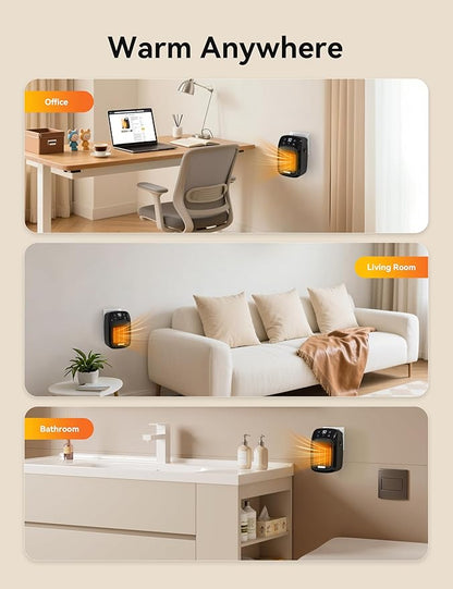 Brightown Wall Plug-in Heater for Indoor Use, 800W Small Electric Space Heater with Thermostat, Remote Control, Overheat Protection, LED Display, 12H Timer for Home Bedroom Office RV, Black