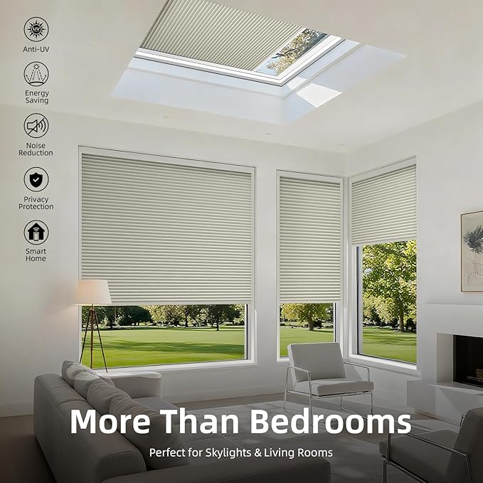 ZSTARR Motorized Skylight Shades Blackout Cellular Honeycomb Electric Blinds with Solar Panel Cordless Rechargeable with Remote for Roof and Slanted Windows Custom Size (BO Printed Cream White)