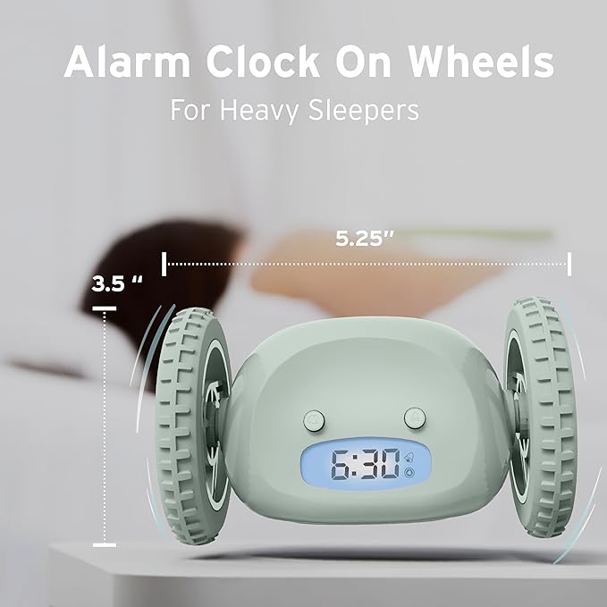 CLOCKY Alarm Clock on Wheels – Loud Rolling Alarm Clock for Heavy Sleepers | Runaway Clock That Jumps & Runs to Wake You Up | Funny Unique Gift for Adults, Teens & Kids Bedrooms (Sage)