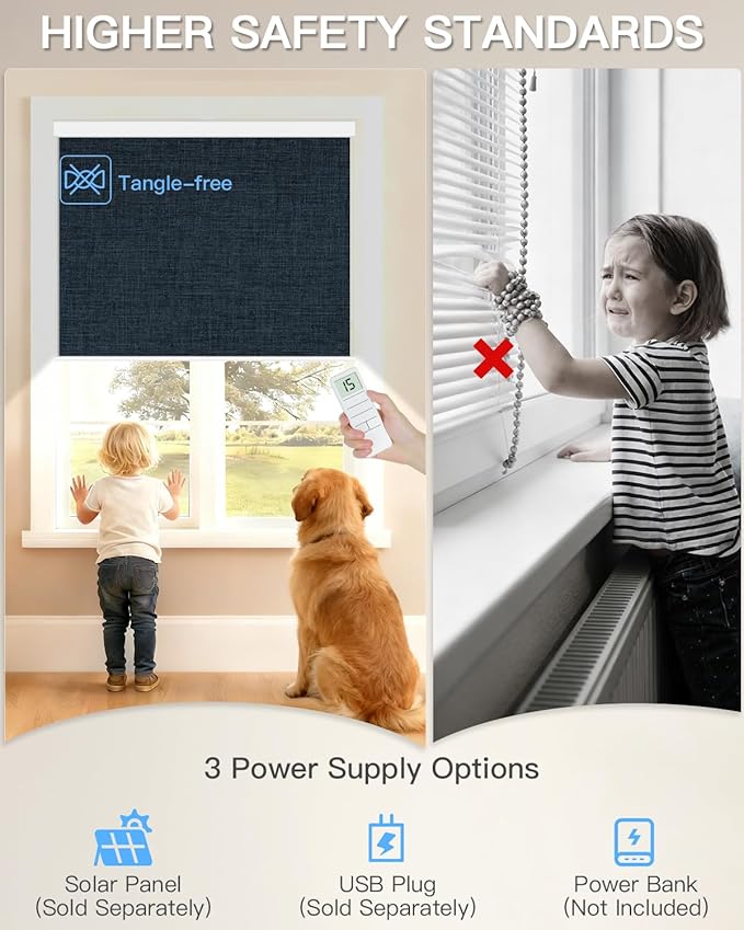 Motorized Roller Shade with Remote Control, Blackout Electric Shade for Windows Compatible with Alexa Google via Hub, Rechargeable Smart Window Blind Customized Size (Fabric Navy Blue)