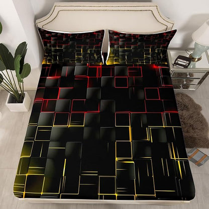 Manfei Red and Yellow Sheet Set Full Size, Abstract Geometric Grid Bedding Set for Kids Boys Adults, Black Square Lattice Bed Sheet Set 4pcs with Deep Pocket Fitted Sheet + Flat Sheet + 2 Pillowcases