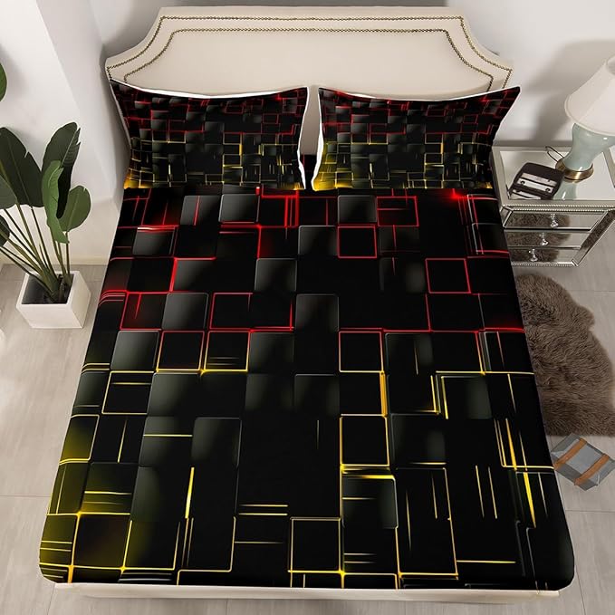 Manfei Red and Yellow Sheet Set King Size, Abstract Geometric Grid Bedding Set for Kids Boys Adults, Black Square Lattice Bed Sheet Set 4pcs with Deep Pocket Fitted Sheet + Flat Sheet + 2 Pillowcases