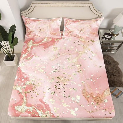Manfei Pink Marble Kids Sheet Set Queen Size, Abstract Stone Texture Bed Sheet Set 4pcs (Fitted Sheet, Flat Sheet, 2 Pillowcases), Gold Glitter Marbling Bedding Set for Boys Girls Bedroom Decor