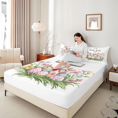 Cute Rabbit Fitted Sheet Twin Size Happy Easter Cartoon Animal Bedding Set for Kids Bedroom Easter Egg Spring Flowers Bed Sheet Set 2pcs White Colorful Deep Pocket Mattress Cover,No Top Flat