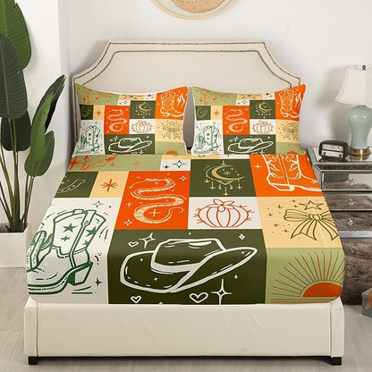 American Western Full Size Fitted Sheet,Boho Cowboy Boots Hat Bull Skull Gothic Snake 3 Pieces Kids Teenager Room Decor Retro Orange Beige Grids Patchwork Pocket 2 Pillowcases