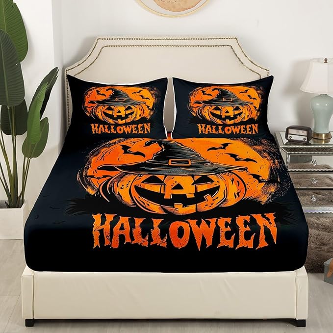 Happy Halloween Fitted Sheet Queen Size,Psychedelic Pumpkin Hippie Graffiti Bed Cover(1 Fitted Sheet+1 Pillow Case),Halloween Witch Hat Bats Trippy Orange Black Mattress Cover