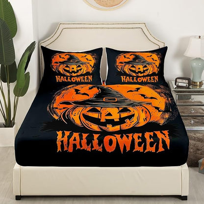 Happy Halloween Fitted Sheet Queen Size,Psychedelic Pumpkin Hippie Graffiti Bed Cover(1 Fitted Sheet+1 Pillow Case),Halloween Witch Hat Bats Trippy Orange Black Mattress Cover