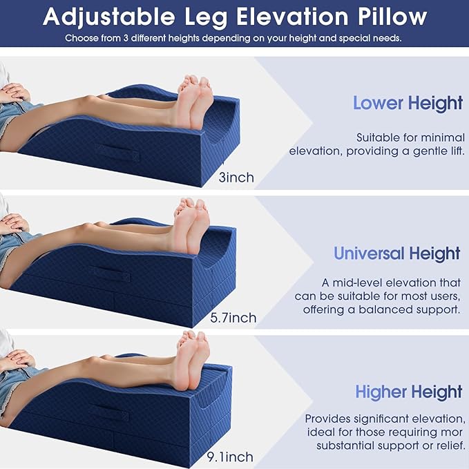 Leg Pillow, Leg Elevation Pillow with Pad and Memory Foam, Height Adjustable Bolster Pillow for Legs, Leg Pillow Elevation Blood Circulation, for Post-Surgery, Blue