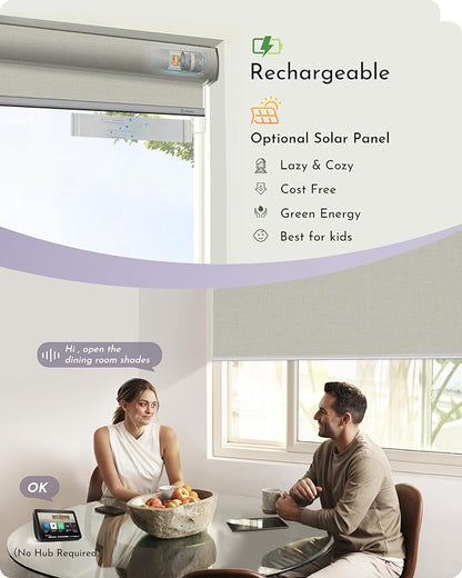 Graywind Smart Blackout Roller Shades Compatible with Alexa Google Triple Weaved Fabric Rechargeable Motorized Blinds Cordless Remote Control Window Shades, Custom Size (Beige White)