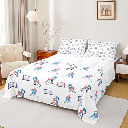 Manfei Hockey Players Bed Sheets Queen Size, Bedding Set, Winter Sports Games Boys Girls Room Decor,White Blue Sheet(Fitted+Flat+2 Pillowcases)