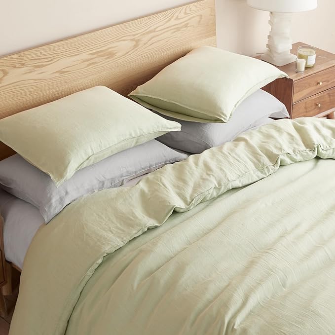 DAPU 100% Linen Duvet Cover Set - Pure Natural French Flax Linen with Corner Ties and Zipper Closure Soft Breathable Durable for Hot Sleepers 1 Duvet Cover 2 Pillowcases (Sage Green, Queen/Full)