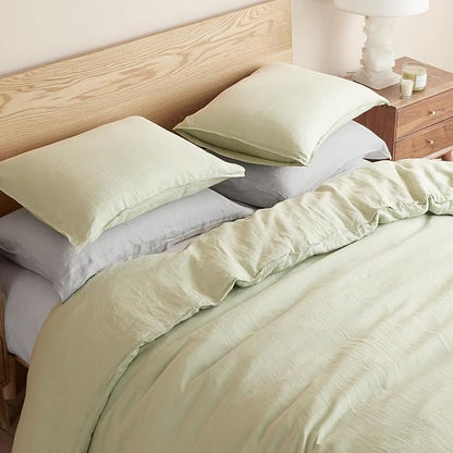 DAPU 100% Linen Duvet Cover Set - Pure Natural French Flax Linen with Corner Ties and Zipper Closure Soft Breathable Durable for Hot Sleepers 1 Duvet Cover 2 Pillowcases (Sage Green, Queen/Full)
