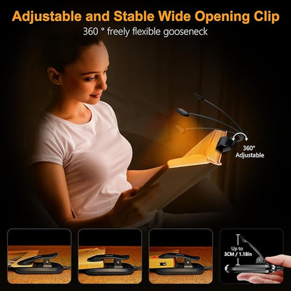 Gritin Rechargeable Book Light for Reading in Bed with 19 LED &Memory Function-Eye Caring 3 Color Temperatures,5 Brightness Levels,90 Hrs Runtime Flexible Goose Neck Clip on Light for Book Lovers