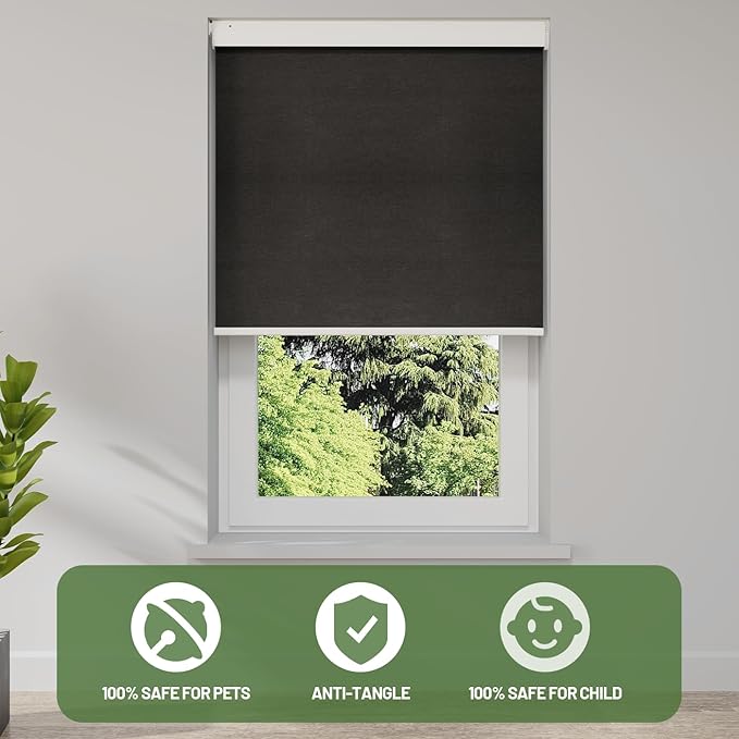 Motorized Blinds with Remote, Blackout No Drill Cordless Smart Roller Shades, Automatic Blinds for Windows, Black,34" W x 72" H