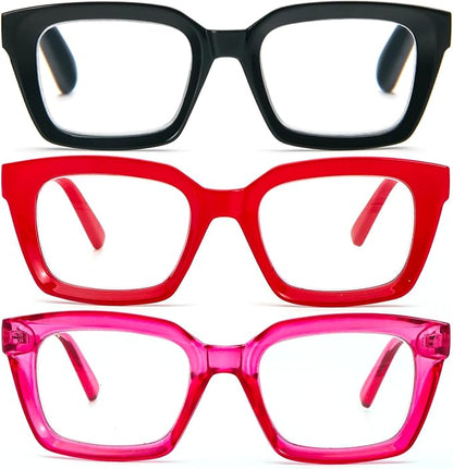 DXYXYO Reading Glasses Women 1.0 Blue Light Blocking, Oprah Style Square Oversized Computer Readers 3 Pack Retro Fashion, Pink+red+black