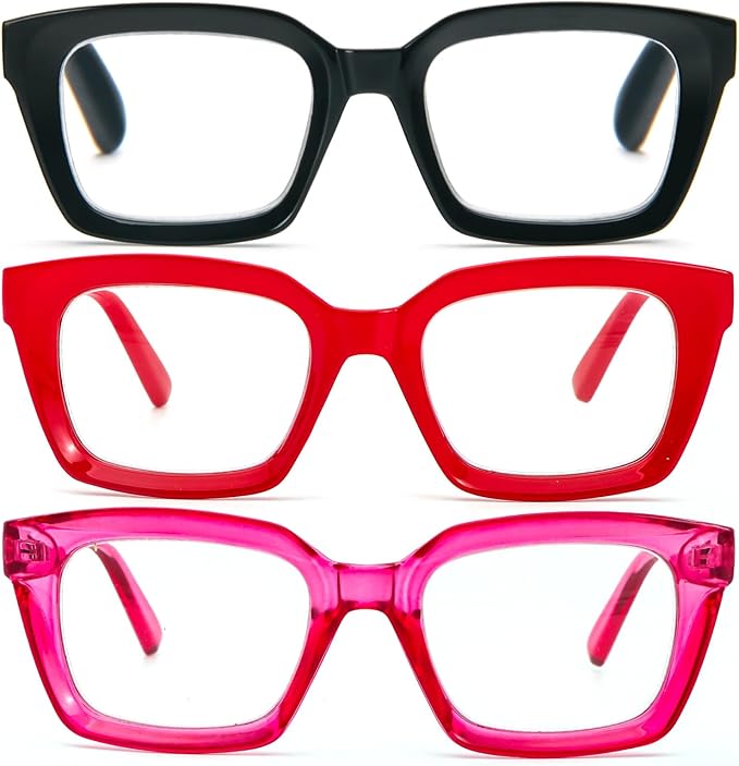 DXYXYO Oprah Style Reading Glasses Women 3.0 Blue Light Blocking, Square Oversized Computer Readers 3 Pack Retro Fashion, Pink+red+black