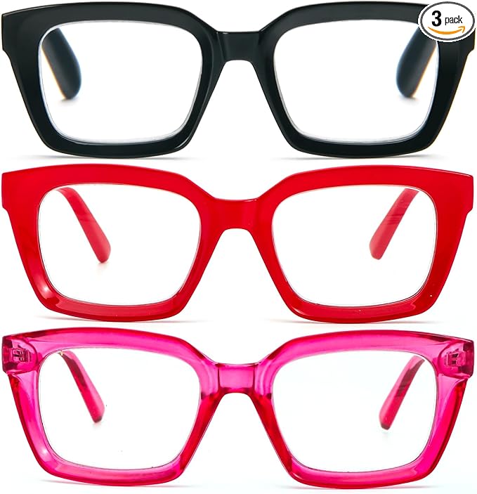 DXYXYO Reading Glasses for Women 2.5+ Blue Light Blocking, Oprah Style Square Oversized Computer Readers 3 Pack Retro Fashion, Pink+red+black