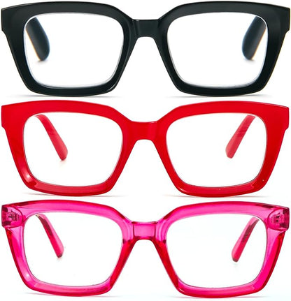DXYXYO Reading Glasses Women 1.25 Blue Light Blocking, Oprah Style Square Oversized Computer Readers 3 Pack Retro Fashion, Pink+red+black