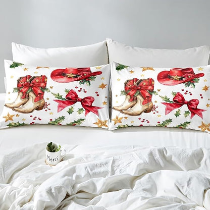 Western Cowgirl Bedding Set Twin Size Red Bowknot Tribal Boots Cap Texas Star Bed Set for Teens Kids Sheet Christmas Poinsettia Leaves Princess Bow Bed Cover(1 Fitted Sheet+1 Pillow Case)
