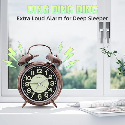 CHEREEKI Loud Alarm Clock for Heavy Sleepers Adults, Silent Non Ticking Analog Clock with Backlight, Luminous Dial, Battery Operated Alarm Clock for Bedroom, Included Battery, Vintage Copper