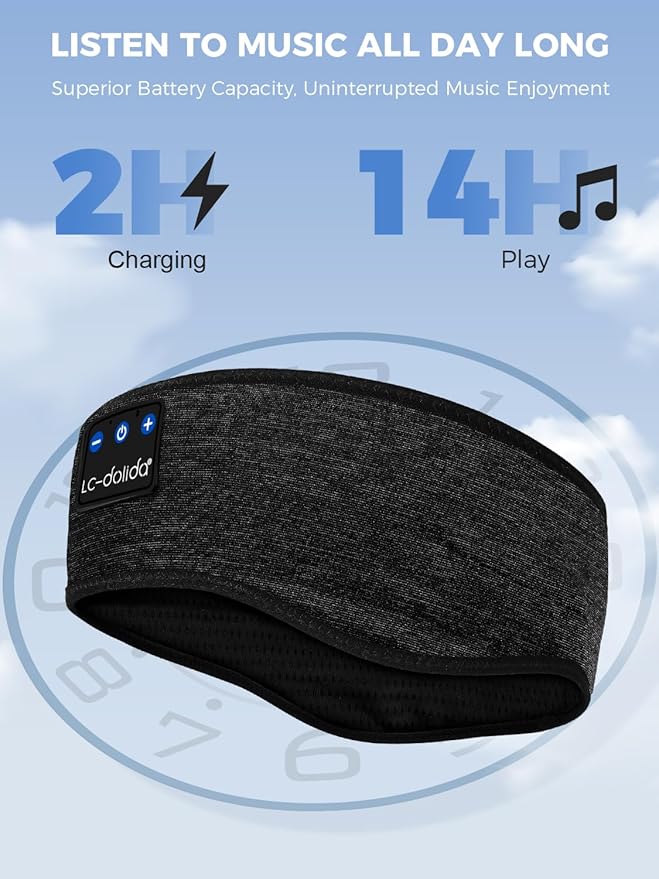 LC-dolida Sleep Headphones Bluetooth Headband, Sweat Resistant Sports Wireless Earphones, Ultra-Thin HD Stereo Black Headband Speaker Sleeping Eye Mask for Women Men Teen Running Cool Gadgets