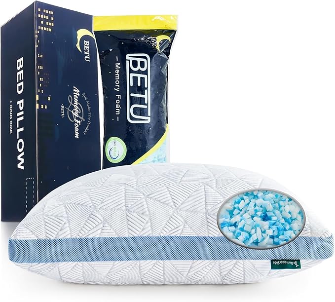 BETU Cooling Standard Pillow, Shredded Memory Foam Cool Pillow for Hot Sleepers, Adjustable Firm Soft Support Bed Pillows Perfect for Back Neck Pain and Side Sleeping with Pillows Case Cover, Blue
