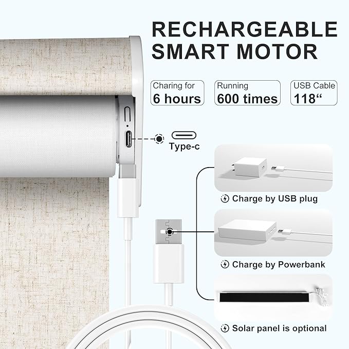 BERISSA Motorized Blinds with Remote,Blackout Smart Roller Shades with App,Voice Control,Linen Fabric,Thermal Insulated Automatic Blinds,Electric Shades with USB/Solar Pannel.Linen Beige White