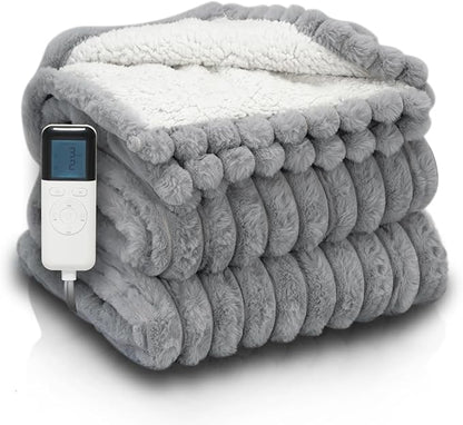 Heated Blanket Throw Size 50" x 60" Faux Fur & Sherpa Electric Blanket Throw with 6 Heating Levels & 1-8 Hours Auto Off, Soft Cozy Heating Blanket Machine Washable, Grey