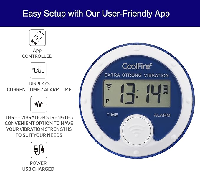 Coolfire Vibrating Alarm Clock Wristband, Silent Wake-Up Watch for Heavy Sleepers, Won’t Disturb Partner, Couples/Roommates, Deaf/Hearing Impaired, 4 Alarms, Bluetooth App, Rechargeable (Blue)