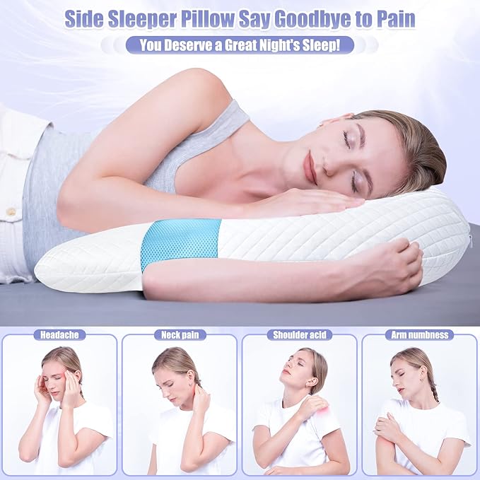 SAHEYER Side Sleeper Pillows for Adults, U Shaped Body Pillow for Pain Relief, Orthopedic Memory Foam Shoulder Pillow for Side,Stomach, Back, Arm with Removable Washable Cover (Upgraded Version), Blue