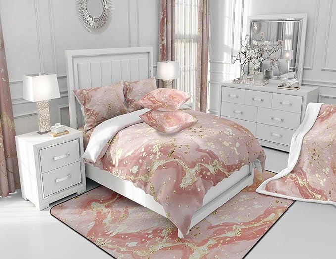 Manfei Pink Marble Kids Sheet Set Twin Size, Abstract Stone Texture Bed Sheet Set 3pcs (Fitted Sheet, Flat Sheet, 1 Pillowcase), Gold Glitter Marbling Bedding Set for Boys Girls Bedroom Decor