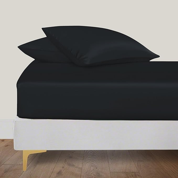 LINENWALAS Fitted Sheet Only Viscose Derived from Bamboo, Bottom Sheet for Twin XL Size Bed – 16” Deep Pocket, All Around Snug Fit – Cooling, Breathable, Soft, Black Halloween Bed Sheet (Jet Black)