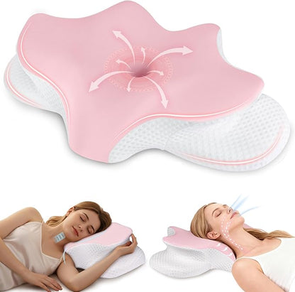 Cervical Neck Pillow for Pain Relief, Ergonomic Contour Pillow for Sleeping, 2 Heights Cooling Pillow for Neck and Shoulder Support, Memory Foam Orthopedic Pillow for Side Back Stomach Sleepers Pink