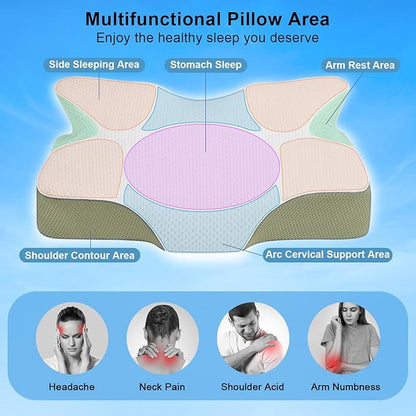Anvo Cervical Pillow for Neck Pain Relief, Neck Pillows for Pain Relief Sleeping, Memory Foam for Back and Shoulder Pain, Ergonomic Design for Side Back Stomach Sleeper, White Firm Queen