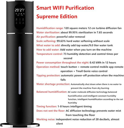 Floor-standing Air Humidifier for Home Living Room and Bedroom with Water Pump Smart WIFI Humidifier Large Capacity Large Mist Volume UV Purification Atomizer (Black)