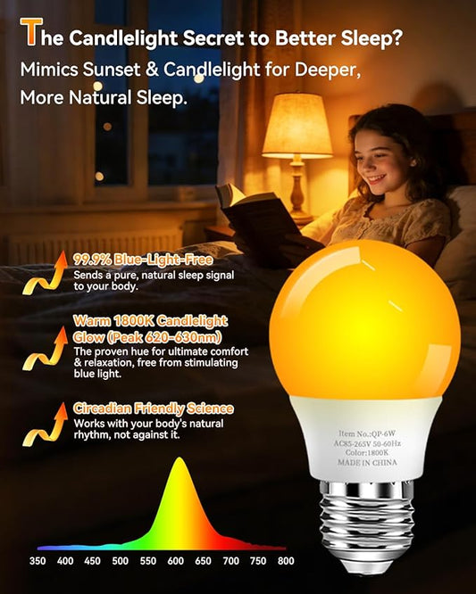 1800K Amber Sleep Light Bulbs, 99.96% Blue Light Blocking, A15 6W(40 Watt Equivalent) Soft Warm Light Bulbs, Eye-Caring Amber Soft Yellow Night Light E26 for Bedroom, Reading, Baby Nursery, 2 Packs