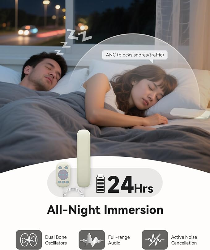 Pillow Speakers, Bone Conduction Sleep Headphones with Wired Remote, Bluetooth 5.4 for Podcasts, Audiobooks, 36 Built-in Sleep Sounds White Noise Machine for Adults, Kids, Side Sleepers