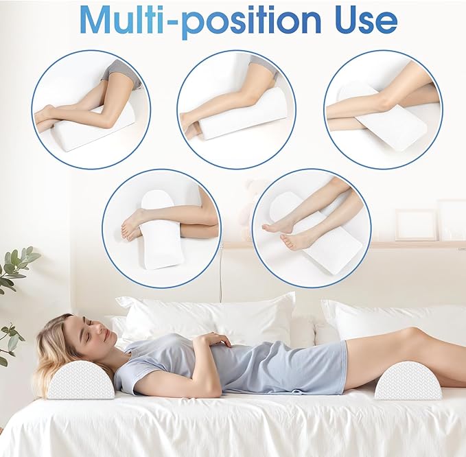 2 Pack Knee Pillow for Back Sleeping Memory Foam Half Moon Bolster Pillow for Legs, Under Knee Support, Ankle & Foot Comfort Orthopedic Pillow for Side Sleepers, White