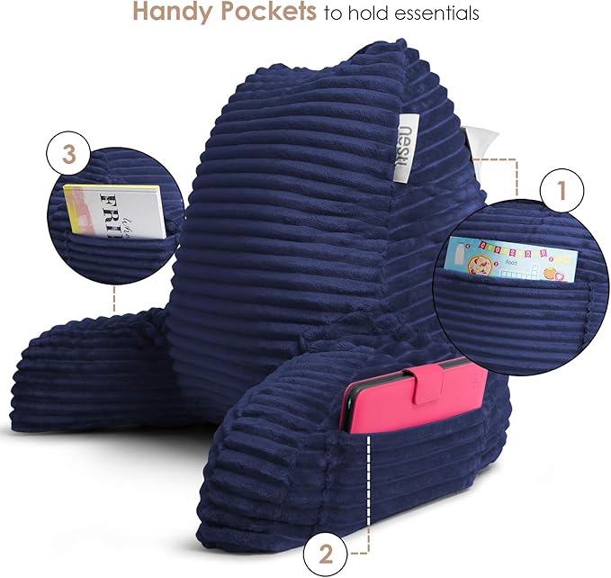 Nestl Reading Pillow with Shredded Memory Foam, Luxe Cut Plush Back Pillow for Sitting Up in Bed, Back and Arms Adjustable Support for Adult & Teens, Backrest Pillows with Washable Cover Navy Blue