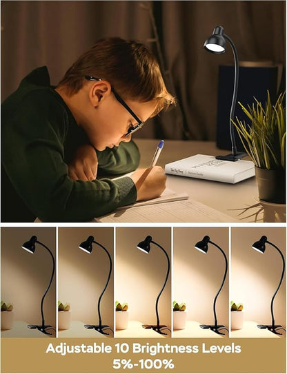 Clip on Light Reading Light for Bed 3 Color Modes 10 Dimmable Brightness Eye Care Clamp Desk Lamp 360° Flexible Desk Book Light for Reading Bed Headboard Computer Black