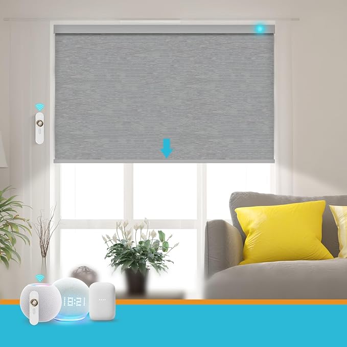 Motorized Blinds with Remote, Smart Roller Shades Compatible with Alexa, Durable Rechargeable Battery Solar Power Electric 100% Blackout for Windows Customized Size (Jacquard Grey)