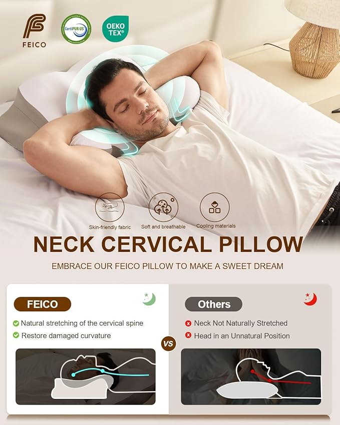 Cervical Neck Pillow, Memory Foam Pillows for Neck Pain Relief, Ergonomic Contour Cooling Pillow for Side Sleeper Pillow Adults & Stomach Sleepers Neck Shoulder (Gray, 24" L x 14" W)