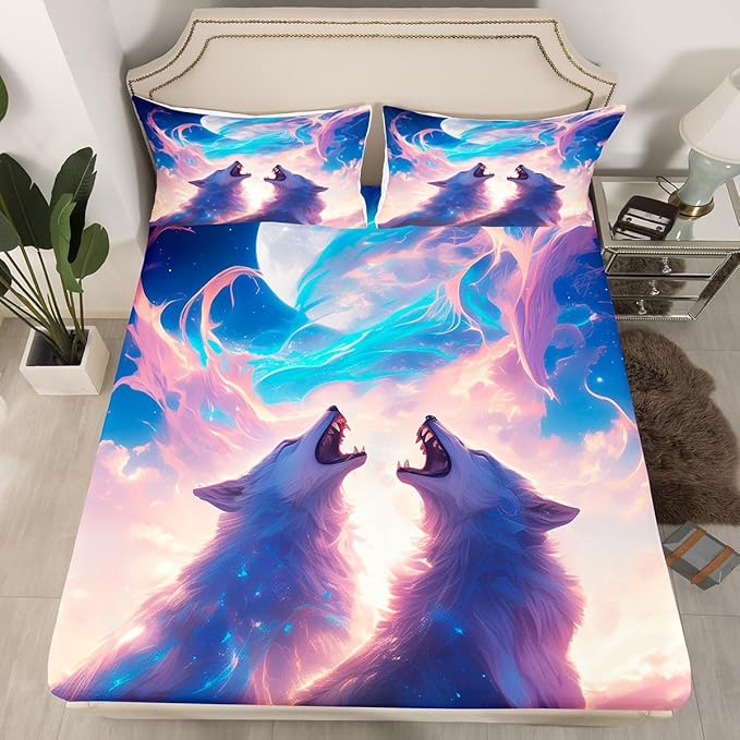 Wild Wolf Kids Fitted Sheet Twin Size,Cloud Sky Dreamy Bedding Set,Boys Girls Room Decor,Hunting Animal Adventure Rustic Farmhouse Bed Cover,Blue White Bed Sheet,1 Pillowcase